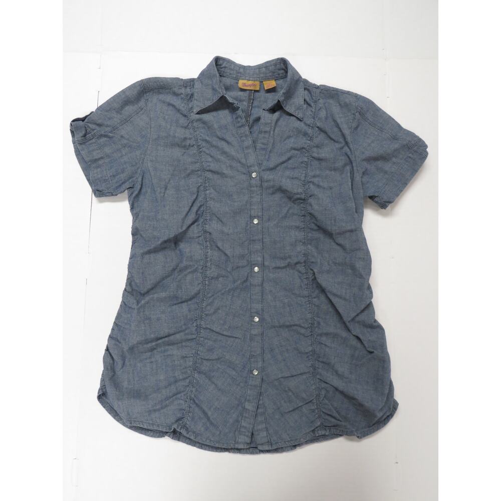 Wrangler Women's L 100% Cotton Denim Shirt Pearl Snap Ruched Western Festival